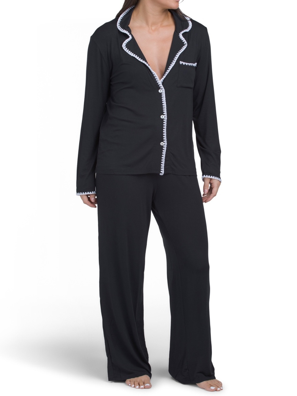 Rachel Zoe Black Long-Sleeve Women's Pajama Set with Whipstitch Trim